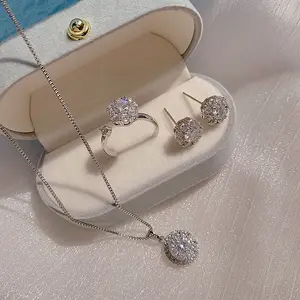 Luxury Rotatable Silver Plated CZ Diamond Earrings Necklace Glitter Cubic Zirconia CZ Round Crystal Rings Necklace Jewelry Set