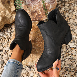 Nouvelles Bottes Rétro Automne pour Femme – Bottines à Talon Carré Épais et Couleur Unie en Faux Daim - Product Image 2