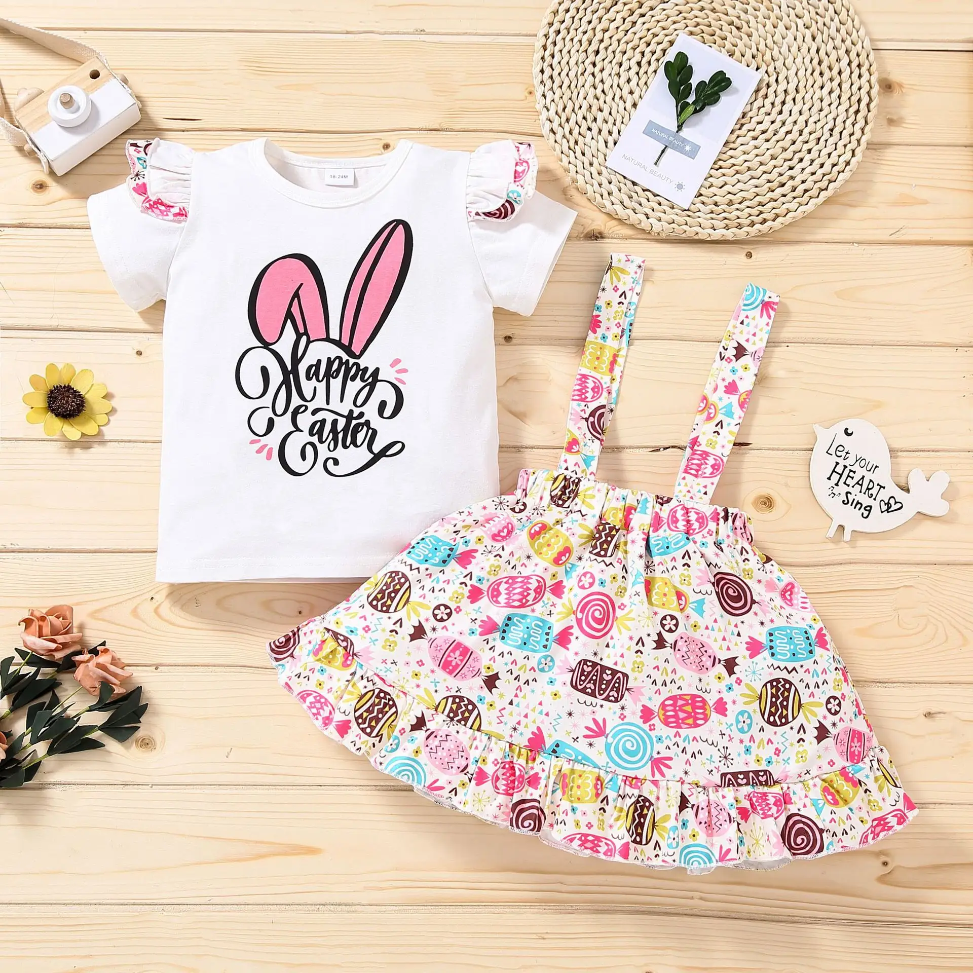 Easter Spring Kids Girls Flutter Sleeve Print Bunny Eggs Shirts Tops Floral Dress Suspender Skirts 2pcs Sets Baby Outfits