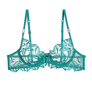 <b>Green</b> <b>Sexy</b> Lace Leaf Embroidery <b>Lingerie</b> Set Women Underwire Mesh Bra and Thong Panties 2 Piece See Through Underwear Set - Product Image 2