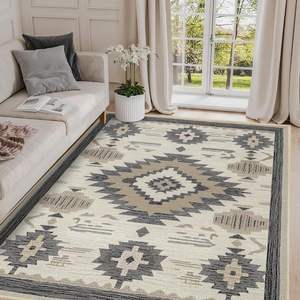 Tapis rectangulaire imprimé géométrique bohème Wan Xinlong, résistant aux taches, pour extérieur, gris, bleu, beige, camel, marron - Product Image 5