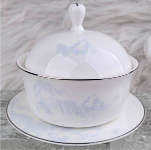 Service de table de luxe en porcelaine fine à motif paysage chinois, avec bordure argentée, pour hôtels et restaurants - Product Image 5