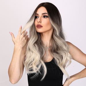 Peluca Sintética Larga y Ondulada Color Rubio Degradado Marrón al por Mayor de Fábrica, con <span class=keywords><strong>Flequillo</strong></span> Transparente, Resistente al Calor, Natural, Modelo 8066 para Mujer - Product Image 2