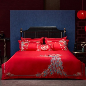Housse de couette mariée <span class=keywords><strong>rouge</strong></span> romantique haut de gamme coton égyptien broderie housse de couette ensemble de literie de mariage - Product Image 1