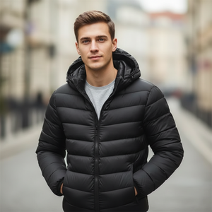 Veste matelassée légère et chaude en coton pour homme, automne-hiver, couleur unie, à capuche avec fermeture éclair, motif à carreaux décontracté - Product Image 1