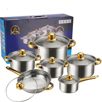 Set Perlengkapan Masak 12 pcs Panci dan Wajan Stainless Steel Desain Baru dengan Gagang Emas, Termasuk Panci Sup dan Panci Susu