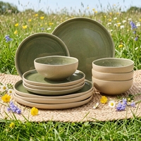 Service de vaisselle EKA en céramique vert moucheté, 12 pièces, assiettes et bols en grès faits à la main avec glaçure réactive, style ferme