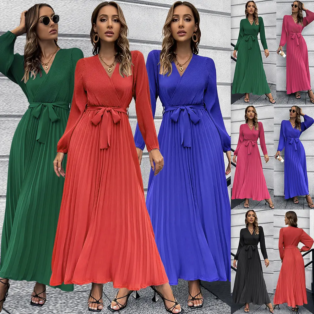 Factory Sale Women V Neck Dress with Belt Long Midi Plain Pleated Long Sleeve Dresses
