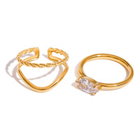 Anneaux doubles torsadés en acier inoxydable plaqué or 18 carats avec zircon blanc, style vintage, pour femme, usage quotidien