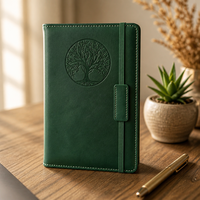 Carnet A5 en cuir végétalien PU avec logo couleur personnalisé, couverture rigide, motif Arbre de Vie, journal/agenda avec boucle porte-stylo et bande élastique coulissante
