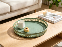 Plateau rond en fer, revêtement vert, plateau décoratif pour la maison, organiseur de cosmétiques et de collations