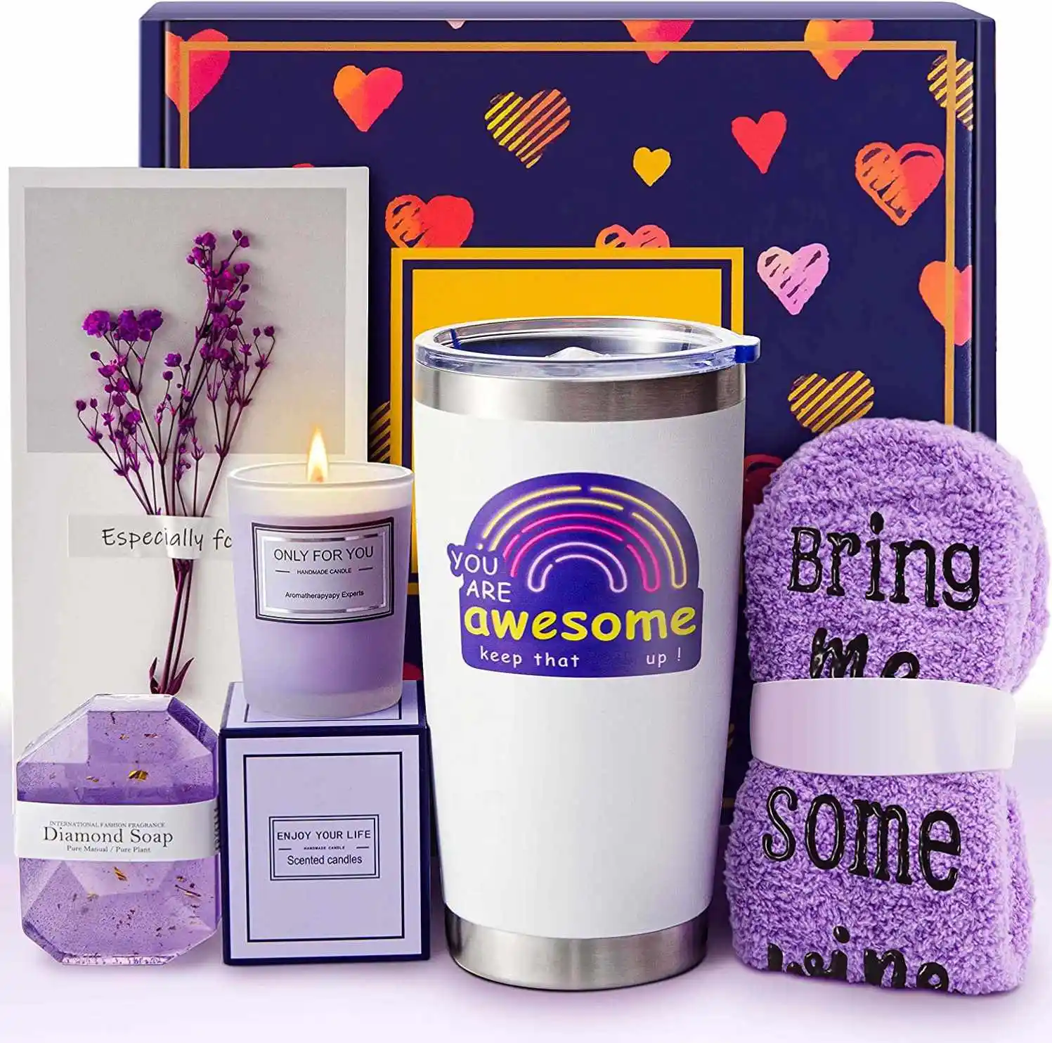 Hot Selling Luxury Purple Get Well Soon Gift Set With Ribbon Bath Bomb Soap Tumbler Flower Card Valentine's Women Gift Sets