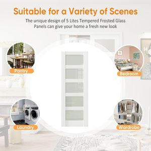 36 pouces. X 84 pouces. <span class=keywords><strong>Porte</strong></span> <span class=keywords><strong>coulissante</strong></span> de grange en verre trempé avec rail caché en aluminium miroir, 5 lumières égales avec verre dépoli - Product Image 5