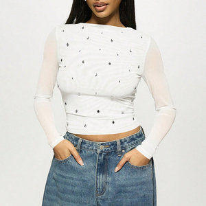 New <b>Women's</b> Fashion Semi-Sheer <b>Mesh</b> Long Sleeve T-Shirt - Floral Print Slim Fit Casual <b>Top</b> Fashion - Product Image 1