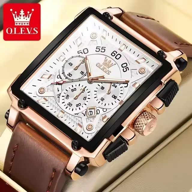 OLEVS jam tangan Quartz pria, arloji olahraga kasual Dial besar bercahaya tahan air 30M 9919