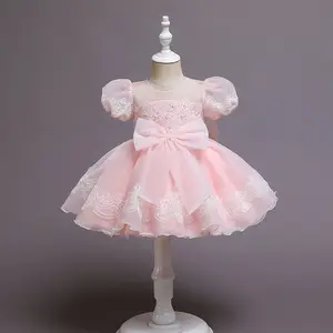 2022 Girls Dresses Designs Short Sleeve Kids Ball Gowns Lace Applique Children Clothes Little Girl Birthday Party Dress