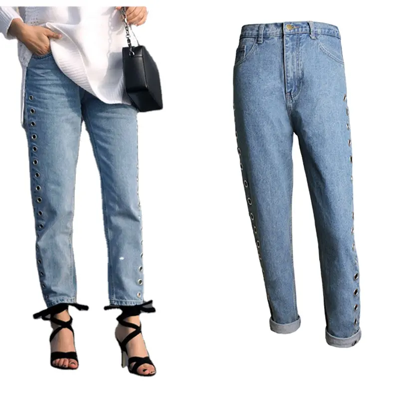 Neue Mode Frauen Jeans Oem Odm Hochwertige Metallring Dekoration Jeans Hosen für Frauen Casual Straight Jeans Femme