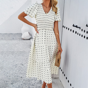 Nuovo <span class=keywords><strong>stile</strong></span> autunnale, gonna lunga <span class=keywords><strong>retrò</strong></span> a maniche corte con scollo a V e pois, casual e alla moda, versatile. - Product Image 3
