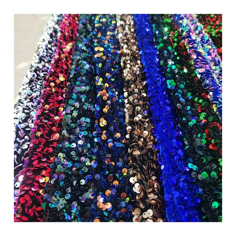 Vendita calda di alta qualità all'ingrosso della cina 3d ricami lucenti di paillettes multicolor su tessuto di velluto elasticizzato per il vestito