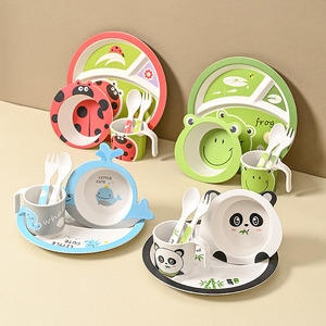 Juego de Platos de Fibra de Bambú para Bebés, Plato con Compartimentos Creativos de Dibujos Animados para Niños, Tazón, Taza, Tenedor, Cuchara, Vajilla para Guardería y Restaurante - Product Image 1