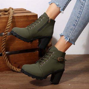 Bottines noires en faux daim pour femmes - Talon épais à lacets avec fermeture éclair latérale et détails métalliques pour un usage quotidien décontracté - Product Image 4