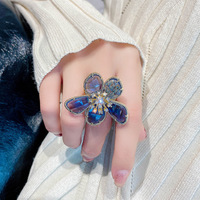 Anillo de Flor Grande Exagerado con Personalidad Europea y Americana, Anillos Ajustables de Piedras Preciosas y Diamantes de Imitación, Anillo Colorido de Zirconia para Fiesta de Mujer