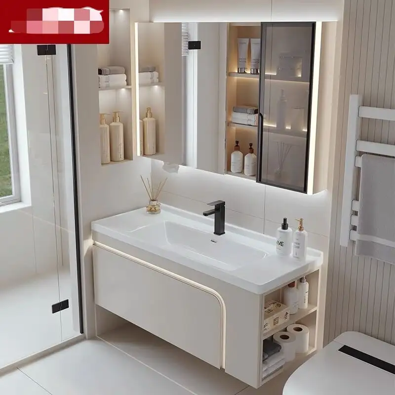 2023 vendite calde rettangolo LED specchio luce bagno set armadi moderno bagno di lusso vanità con lavandino