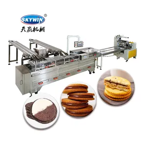 Skywin Servo Motor Control Auto Biscuit Sandwiching Cookie Machine With Flow Pack Packing Machine
