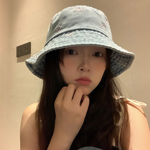Washed Denim Bucket Hat With Pink <b>Bow</b> For Women Summer Sun Protection Hat <b>Large</b> Head Circumference - Product Image 3