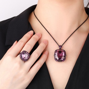 Ensemble de bijoux de mariage pour femmes, pendentifs et bagues en cuivre doré écologique de haute qualité, zircone cubique multicolore 20*23MM, style élégant - Product Image 6