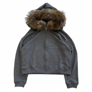 Benutzer definierte Vintage 100% Baumwolle Französisch Terry Fleece Heavyweight Boxy Fit mit Pelz Kapuze Stickerei Patch Edelstein Zip Up <span class=keywords><strong>Hoodie</strong></span> - Product Image 4