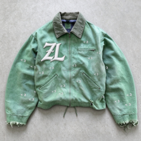 Veste polaire vintage délavée et vieillie pour homme, coupe oversize, imprimée avec lettres en relief, col rabattable, fermeture éclair, service OEM