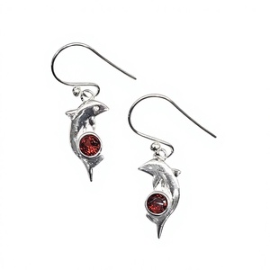 Designer 925 Silver Dolphin Charm <b>Earrings</b> <b>Red</b> Garnet Dangle Hook Jewelry Wholesale Supplier Cute Gift for Girls - Product Image 1