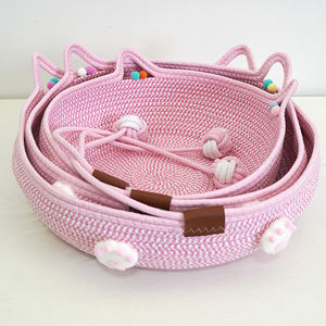 Cesta de cama tejida para gatos con orejas, cojín tejido de cuerda de algodón para perros pequeños, cachorros, cama rosa para dormir para mascotas, nido con pelota de juego - Product Image 6