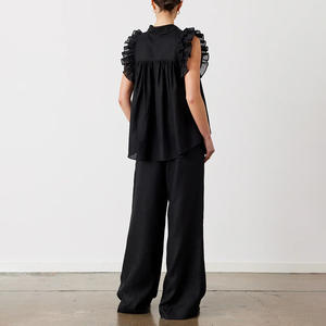 Enyami Ensemble Pantalon Et Haut Pour Mujer <span class=keywords><strong>Dame</strong></span> con balze a maniche a balze camicia a vita alta pantaloni larghi Set 2 pezzi - Product Image 5