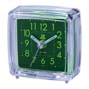 뜨거운 판매 크리스탈 작은 패니 아날로그 알람 시계 투명 책상 시계/녹색 다이얼/스누즈/빛/석영 시계 운동
