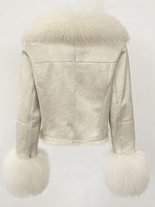 OUDINA 冬季风格优雅短款保暖外套麂皮纯色羊毛机车毛皮大衣女式皮夹克 - Product Image 4