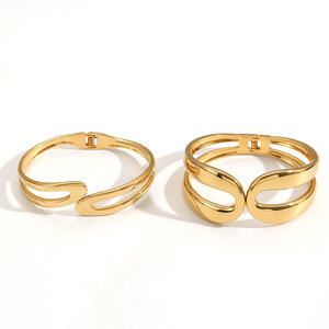 Geometric Stainless Steel Spring Open <b>Bangle</b> 18k Gold Plated Titanium Steel <b>Bracelet</b> For Women Wide Face Jewelry - Product Image 5