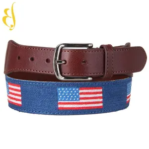 Full Grain Leather Needlepoint Belts for Men Blue American Flag Belt with Brass Buckle Custom Classical Needlepoint Man Belts