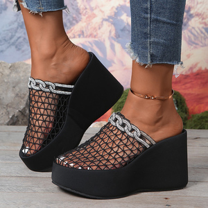 Nuove <span class=keywords><strong>Ciabatte</strong></span> Trendy con Zeppa e <span class=keywords><strong>Tacco</strong></span> <span class=keywords><strong>Alto</strong></span> per Donna, Design con Punta Aperta e Tomaia in Rete, Disponibili in Taglie Grandi - Product Image 4