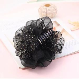 Korean-style ethereal cloud polka dot hair <b>clip</b> with color blocking <b>bow</b> and mesh, a shark <b>clip</b> for women, exuding elegance. - Product Image 3