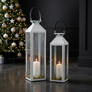 Lanternes à bougies en métal blanc de grande taille avec poignées en cuir pour la décoration de Noël à la maison - Product Image 6