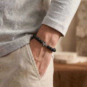 Cross Natural Stone <b>Beaded</b> <b>Bracelet</b> Set Black Volcanic Stone Cross Accent Unisex Jewelry Confirmation Gift - Product Image 2