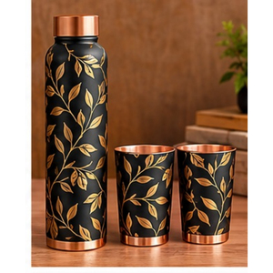 Juego de Botella y Tazas de Viaje de Metal Color Cobre Mediterráneo, Diseño Floral Azul Oriental, Vajilla Portátil - Product Image 4