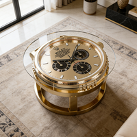 Table basse de luxe moderne en forme de montre dorée, plateau rond en verre fibre de verre, bureau central design pour salon