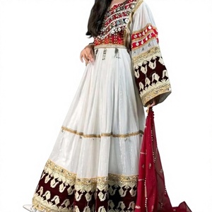 Traditional Pashtun Dress Women Casual Dresses <b>White</b> Georgette Large Flare Maroon Velvet Border Gold Embroidered <b>Maxi</b> Gown - Product Image 1