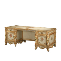 Ensemble de coiffeuses en bois massif avec plusieurs tiroirs, design floral et d'oiseaux peint à la feuille d'or et d'argent, comprend une table, un bureau et une chaise