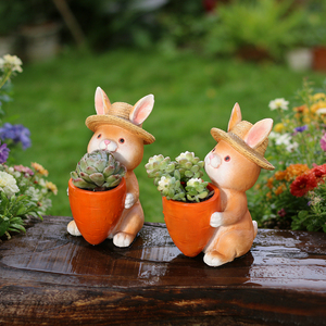 Maceta de Resina con Forma de Conejito con Sombrero de Paja, Maceta Creativa para Suculentas con Diseño de Conejo y Zanahoria, Maceta de Dibujos Animados con Forma de Animal - Product Image 5