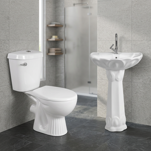 Ensemble sanitaire de salle de bain économique et moderne en céramique, comprenant un WC deux pièces et un lavabo sur colonne - Product Image 1