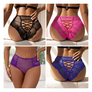 Vente chaude Culotte érotique confortable grande taille transparente <span class=keywords><strong>en</strong></span> dentelle florale ajourée sexy pour femmes matures avec nœud - Product Image 5